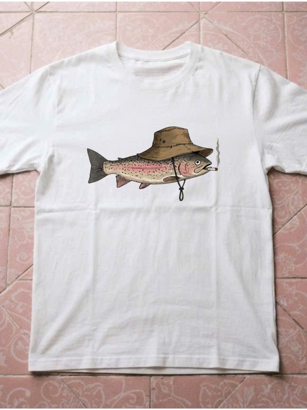 Gildan White Tee with Pink & Brown Trout Graphic